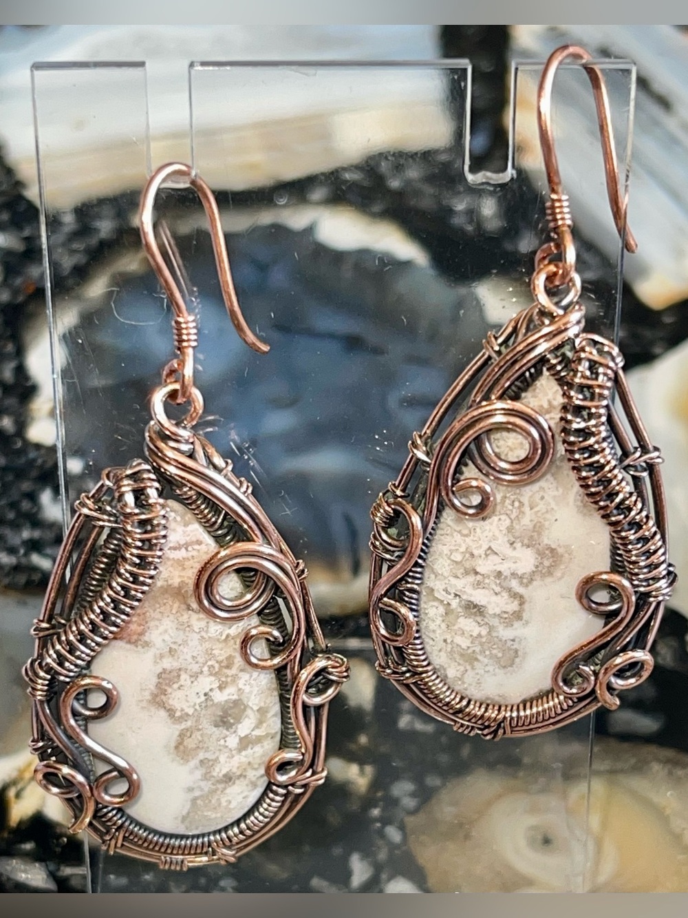 Copper Wire-wrapped Crazy Lace Agate Earrings 2 1/4” - Picture 6 of 17